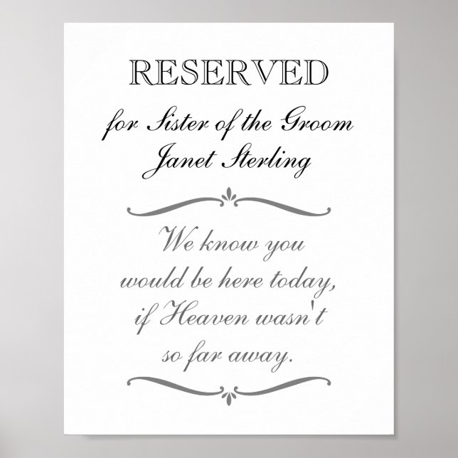 Reservierte Sitzbank für Groom-Gedenkhochzeit Poster (Vorne)