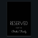 Reservierte Zeichen für schwarze und weiße Hochzei Tischnummer<br><div class="desc">Schwarz vorbehaltene Platzkarten zum halbieren nach dem Kauf. Diese stehende Karte kann für jede Gruppe - Familie, Brautparty, usw., oder Person - Brautschwester, Brautschwester usw. - verwendet werden, um eine Sitzplatzreservierung zu ermöglichen. Verwenden Sie auf Empfang-Tischen oder Zeremoniestühlen, oder überall, wo ein Platz gerettet werden muss.</div>
