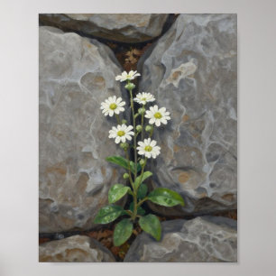 Resilienz in der Kluft: Weiße Wildblumen blühen Poster