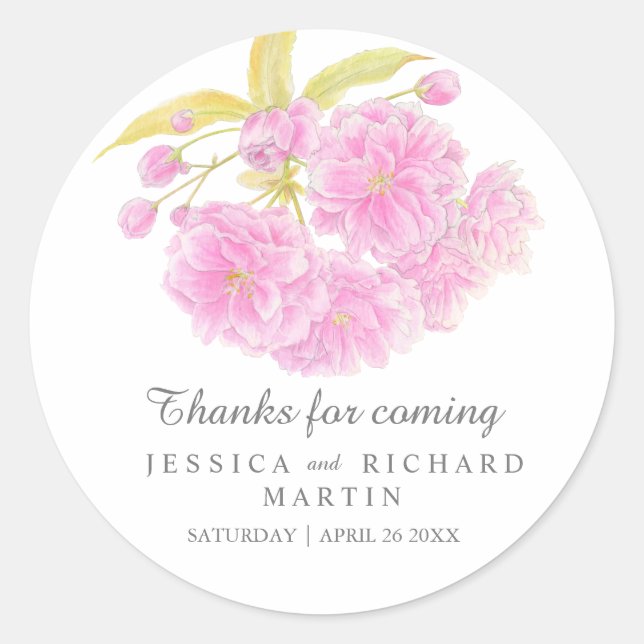 Ressort en fleurs rose merci autocollant mariage (Devant)