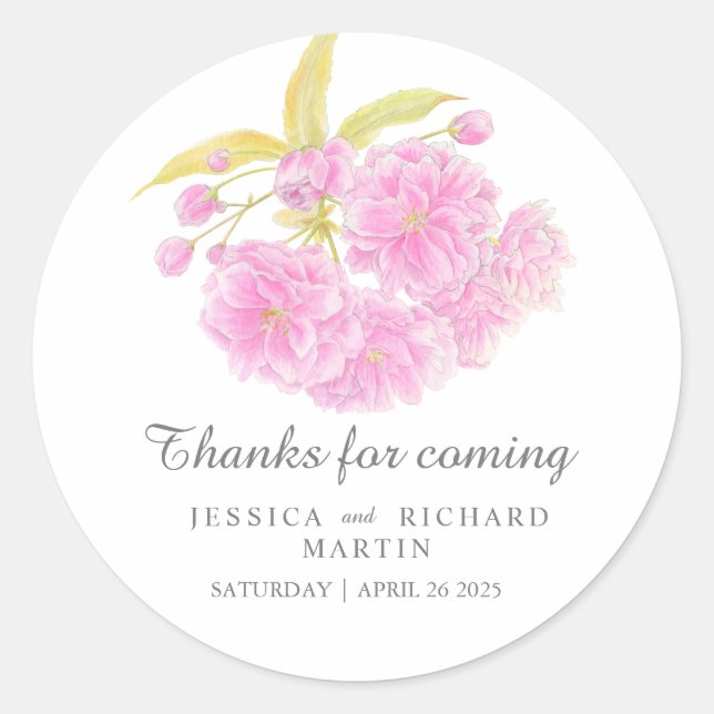 Ressort en fleurs rose merci autocollant mariage (Devant)