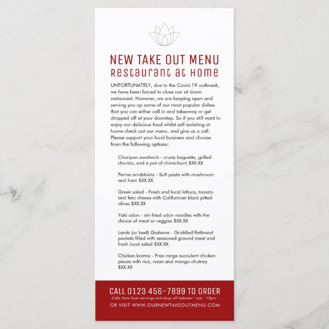 Restaurant bei Zuhause New temp Menüauswahl Menükarte (Vorderseite)