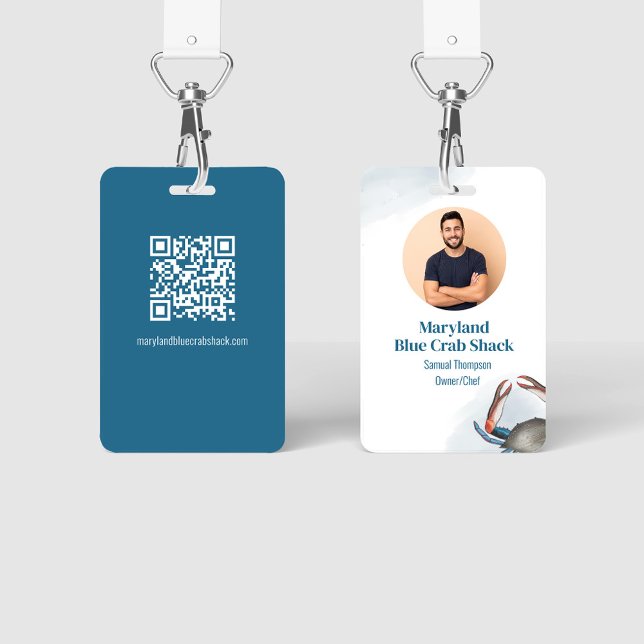 Restaurant Business Blue Crab QR Code Foto Ausweis (Restaurant Seafood Blue Crab with QR Code Template.)