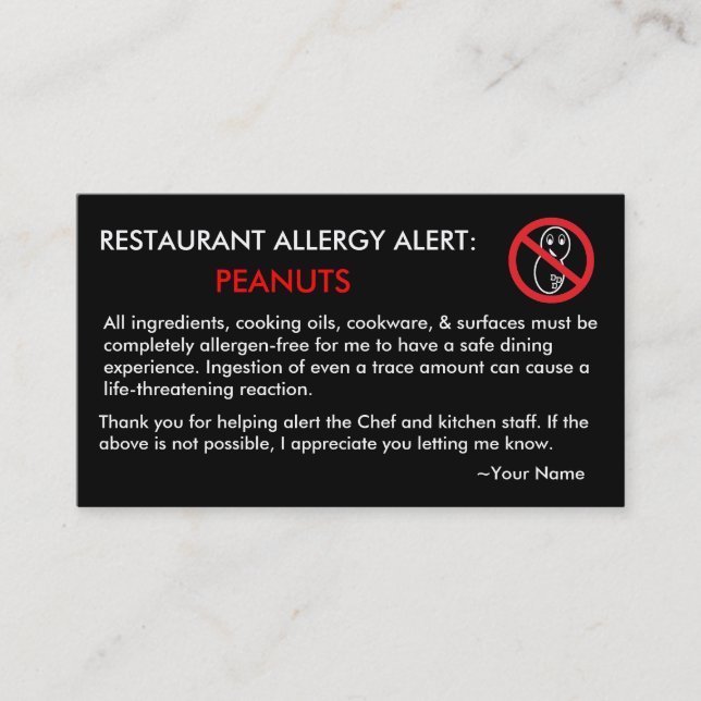 Restaurant et carte ICE pour les allergies aux ara (Devant)