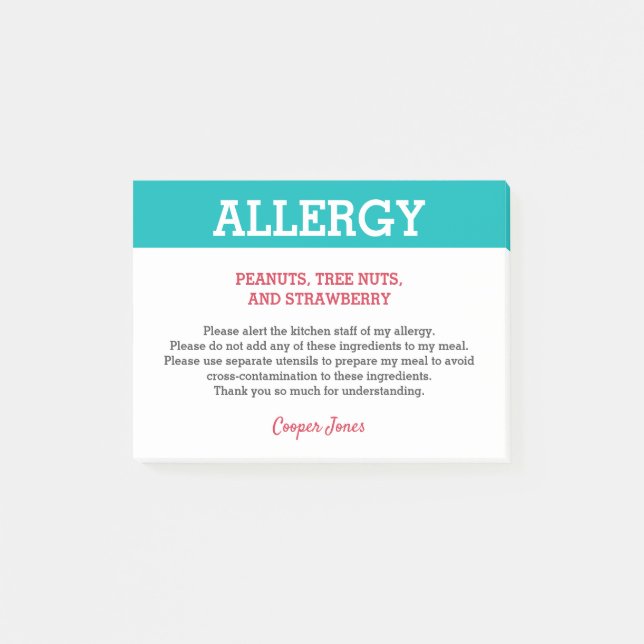Restaurant "Food Allergy Alert" Personalisiert Aqu Post-it Klebezettel (Vorderseite)