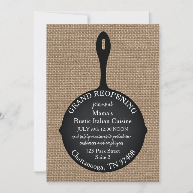 Restaurant Grand Wiedereröffnung Burlap Skillet Einladung (Vorderseite)
