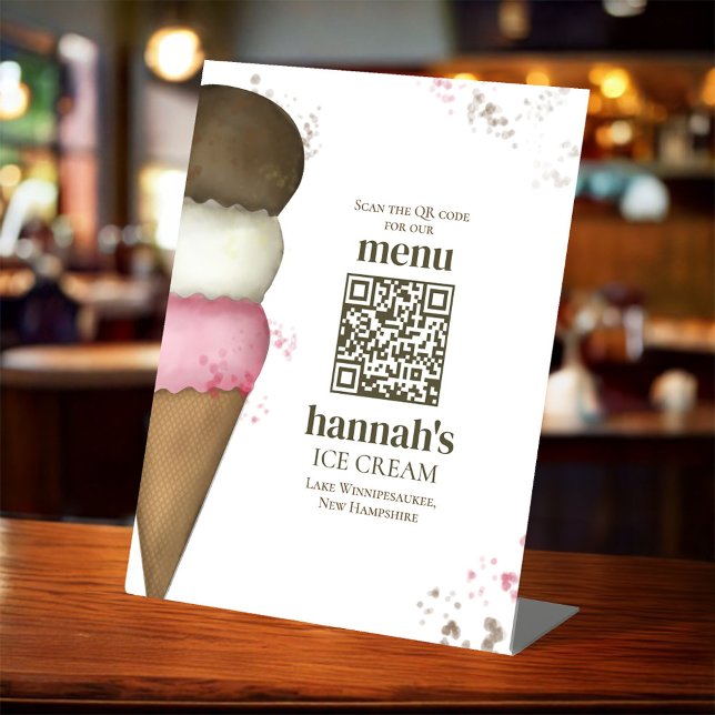 Restaurant Menü QR Code Vorlage Eiscreme Sockelschild (Ice cream cone business QR code manu foam board sign. )