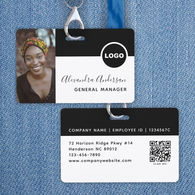 Restaurant-Mitarbeiter-Foto-ID-QR-Code Schwarz Ausweis (Employee Photo ID Company Logo QR Code White Black Badge)