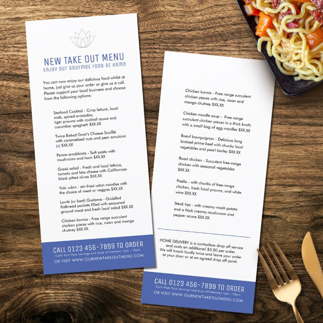 Restaurant Neue Speisekarte für die Gäste blau Menükarte (Business restaurant trial new take out menu)