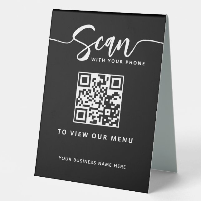 Restaurant QR Code Kontaktloses Menü in Schwarz Tischaufsteller (Vorderseite)