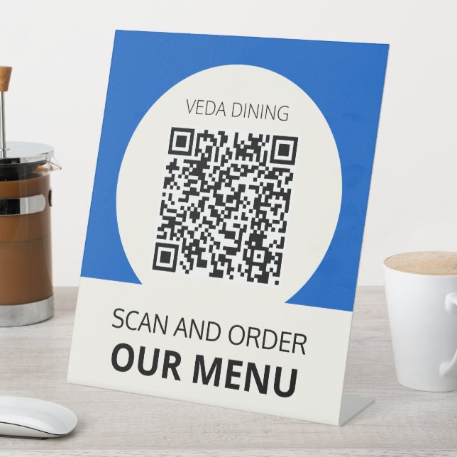 Restaurant Scan Menü Bestellung QR Code Blau Sockelschild (In Situ)