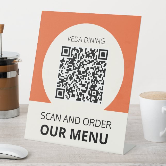 Restaurant Scan Menü Bestellung QR Code Orange Sockelschild (In Situ)