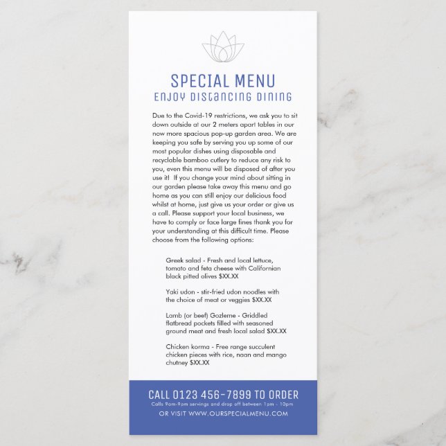 Restaurant Spezialmenüs eingeschränkt Kundenkarte  Menükarte (Vorderseite)