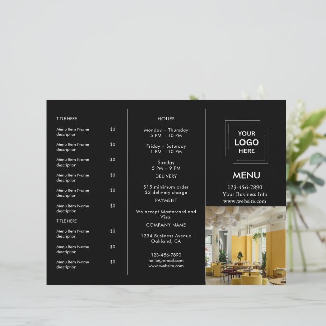 Restaurant Takeout | Black Modern Foto Menu (Stehend Vorderseite)