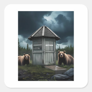 Restroom - Bear Outhouse Camping Quadratischer Aufkleber