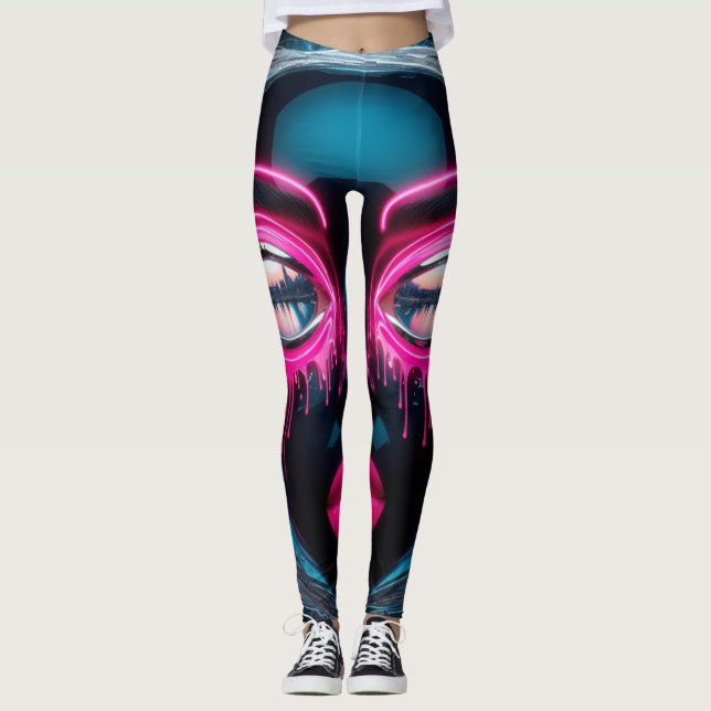Résumé Face Gros yeux Lèvres rouges Neon Legging (Devant)