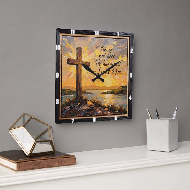 Resurrection's Light: Luke 24:6 Quadratische Wanduhr (Büro)
