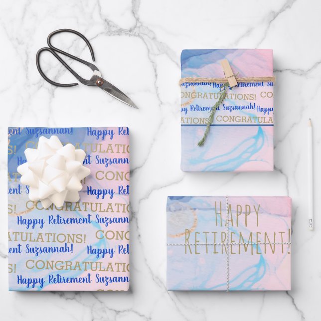 Retirement Blue Gold Geode Wasserfarbe Custom Geschenkpapier Set (Vorderseite)