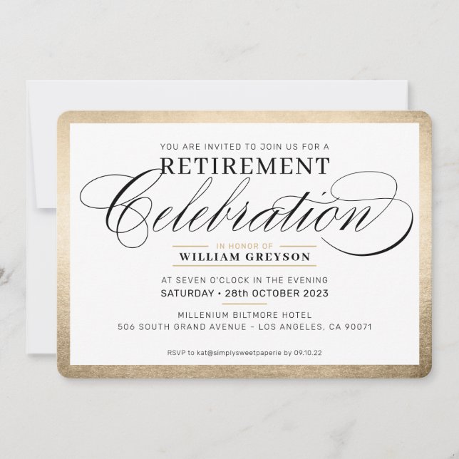 RETIREMENT FEIERFEIERUNG DINNER elegantes Gold sch Einladung (Vorderseite)
