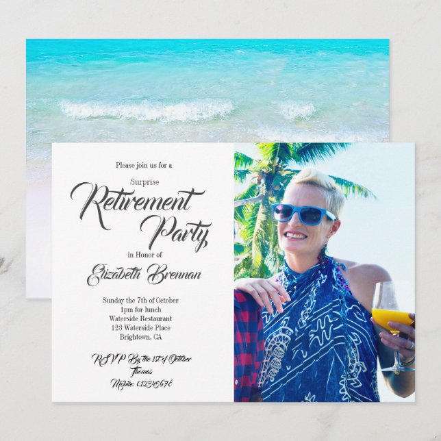 Retirement Foto Beach Moderne stilvolle Typografie Einladung (Vorne/Hinten)