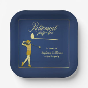 Retirement Golf Party Classic Blue Golden Woman Pappteller