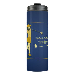 Retirement Golf Party Classic Blue Golden Woman Thermosbecher