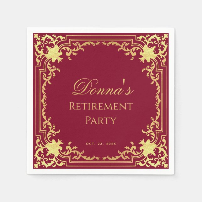 Retirement Party Burgundy Faux Gold Elegant Script Serviette (Vorderseite)