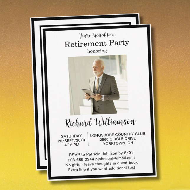 Retirement Party Elegant Black White Photo  Einladung (Von Creator hochgeladen)