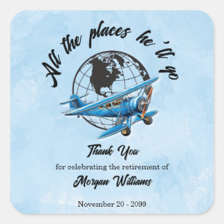 Retirement Party Globe Travel Plane Places  Quadratischer Aufkleber