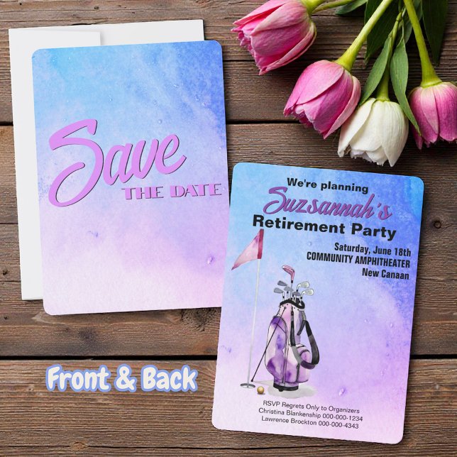 Retirement Party Save The Date Watercolor Golf Bag (Save the date template back with watercolor golf bag, flag in hole and gold ball.)