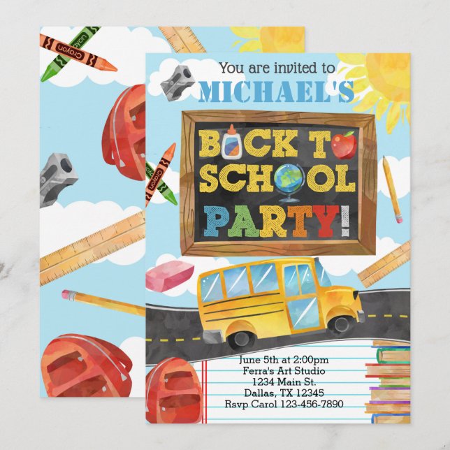 Retour à l'école Anniversaire Fête Invitation Invi (Devant / Derrière)