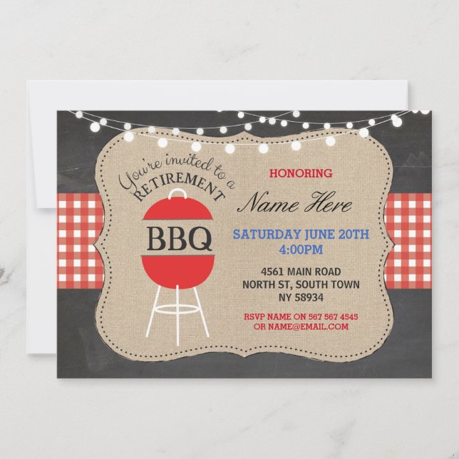 Retraite BBQ Check Chalk Burlap Red Invitation (Devant)