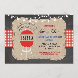 Retraite BBQ Check Chalk Burlap Red Invitation