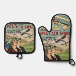 Retro 1912 Los Angeles Flugschau Reise Kunst Ofenhandschuh & Topflappen-Set