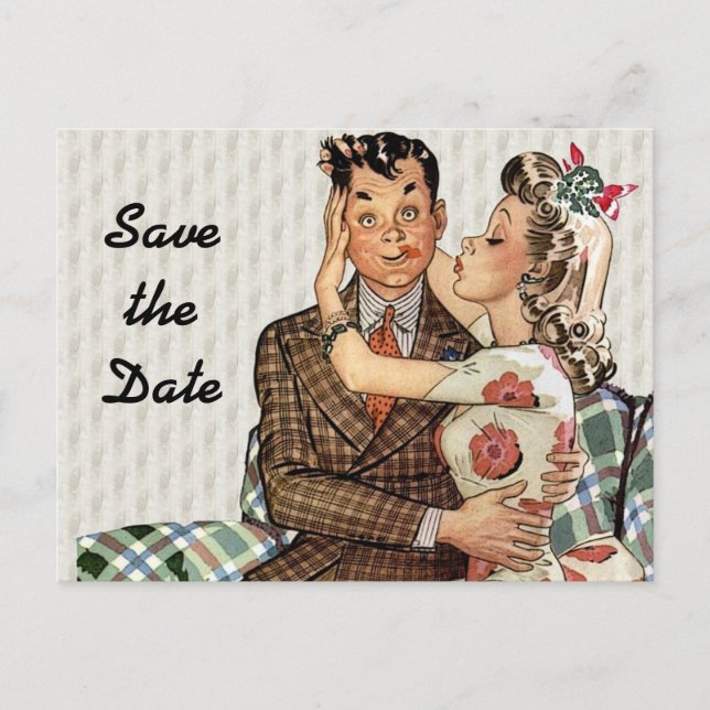 Retro 1940er Kissing Couple Save the Date Ankündigungspostkarte (Vorderseite)