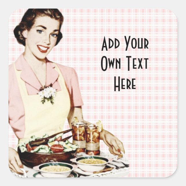 Retro 1950er Frauen mit Lunch Tray Quadratischer Aufkleber (Vorderseite)