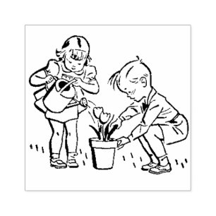 Retro 1950er Jahre Kinder, die Blume pflanzen Nied Gummistempel