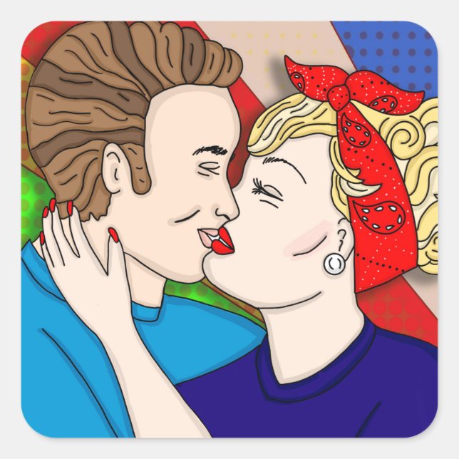 Retro 1950er Jahre Stil Pop Art Couple Kissing Quadratischer Aufkleber (Vorderseite)