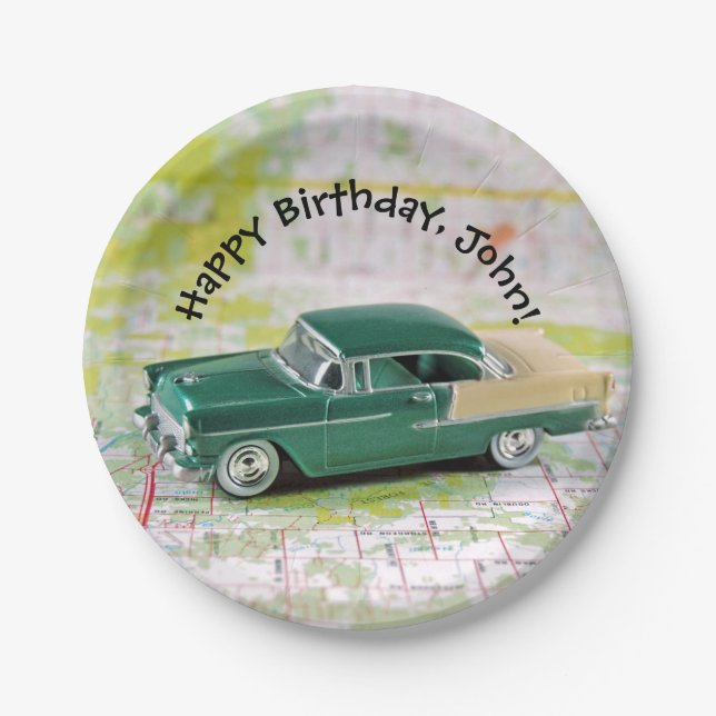 Retro 1955 Auto auf Roadmap Geburtstag Pappteller (Vorderseite)