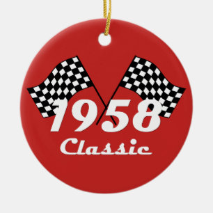 Retro 1958 Klassische Schwarz-Weiß Karo-Rennflagge Keramik Ornament