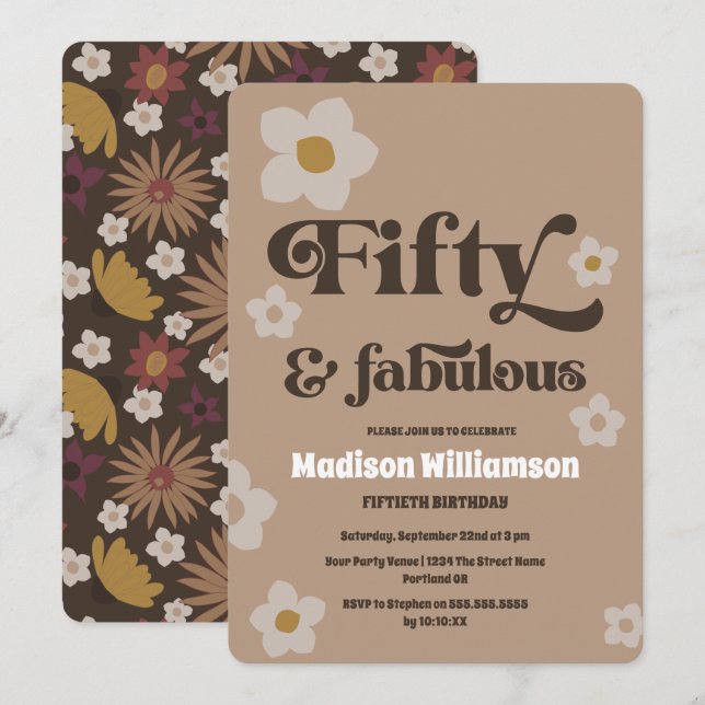 Retro 1970er Floral 50 & Fabulous Birthday Invitat Einladung (Vorne/Hinten)