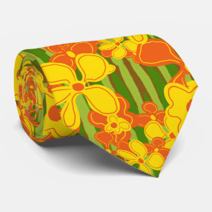 Retro 1970er Jahre Gelbe Orangefarbene Blumen Krawatte