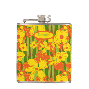 Retro 1970er Jahre Orangefarbene Blumen Flachmann