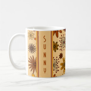 Retro 1970er Jahre Senfgelb Orange Burgund Blume Kaffeetasse