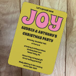 Retro 1970s Lime Green and Pink Christmas Party Einladung<br><div class="desc">Spread some joy with these fun retro style Christmas party invitations. They feature the slogan "Let's spread some JOY" with joy in retro style pink lettering. The rest of the invitation is ready to be customized with your own information in black vintage style lettering against a lime green background.</div>
