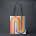 Retro 1970s Style Arched Stripes Geometric Pattern Tasche<br><div class="desc">This artwork channels a retro graphic spirit, forming the letter‑like curve with parallel bands of red, orange, yellow, light blue, teal, and purple. The layered arcs flow in harmony, evoking the bold optimism of 1970s design. Set against a soft beige background, the vibrant rainbow palette stands out with clarity and...</div>