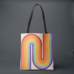 Retro 1970s Style Arched Stripes Geometric Pattern Tasche<br><div class="desc">This artwork channels a retro graphic spirit, forming the letter‑like curve with parallel bands of red, orange, yellow, light blue, teal, and purple. The layered arcs flow in harmony, evoking the bold optimism of 1970s design. Set against a soft beige background, the vibrant rainbow palette stands out with clarity and...</div>