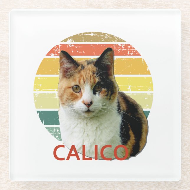 Retro 1980 Faded Sunset Calico Moggy Cat Art    Glasuntersetzer (Vorderseite)