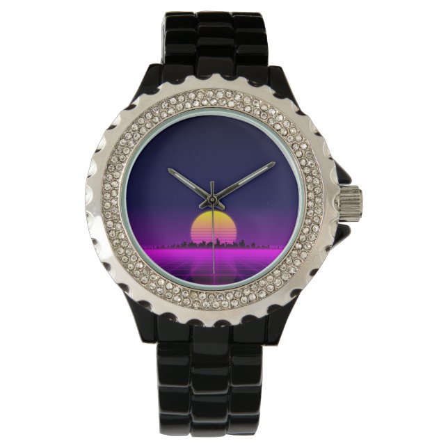 Retro 1980er Synthwave glühende Neonlichter Stadt Armbanduhr (Vorderseite)