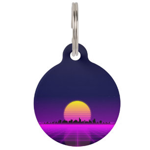 Retro 1980er Synthwave glühende Neonlichter Stadt Haustiermarke